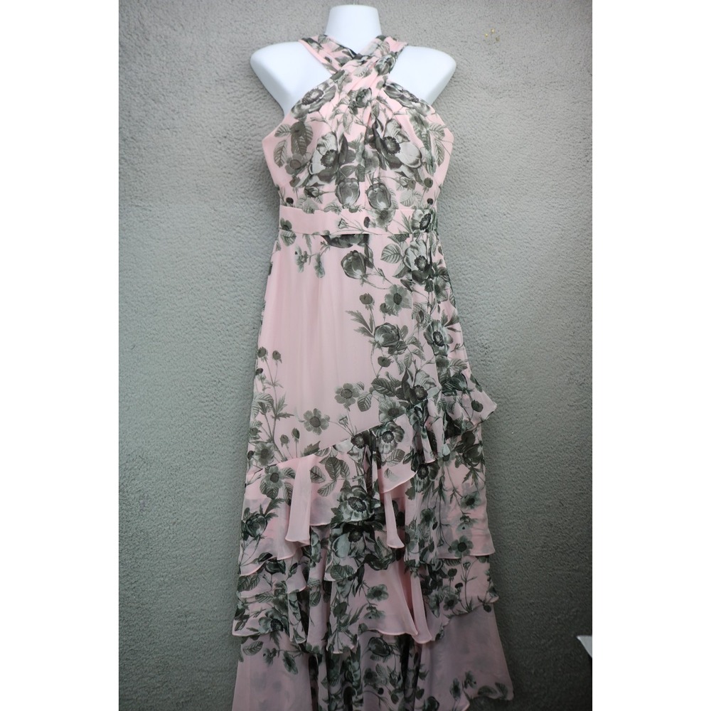 Eliza J Sleeveless Floral Chiffon Layered Halter Maxi Gown-4-Fairy-Cottagecore